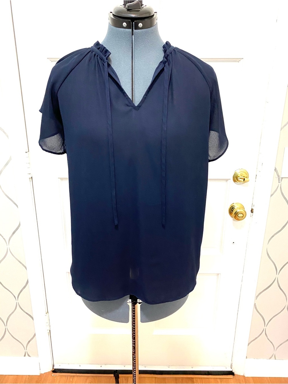 LOFT Outlet Navy ruffled blouse flutter sleeve tie neck S 115